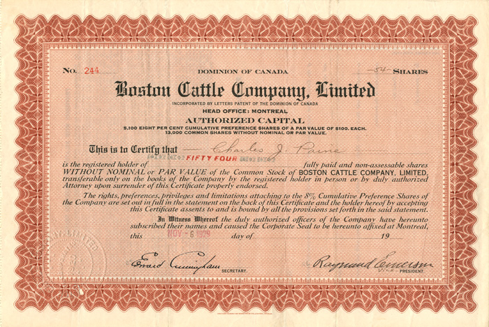 Boston Cattle Co., Limited - Stock Certificate